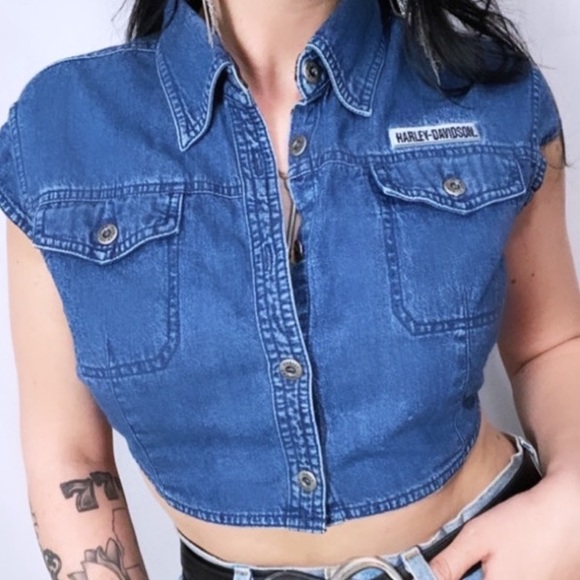 Harley-Davidson Tops - VINTAGE HARLEY DAVIDSON DENIM EMBROIDERED CROP TOP
